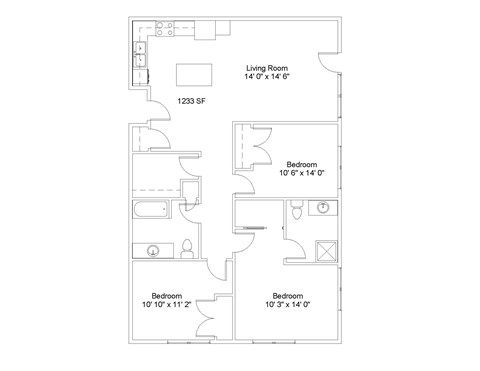 Floor plan for 3 beds, 2 baths, 1233 sqft